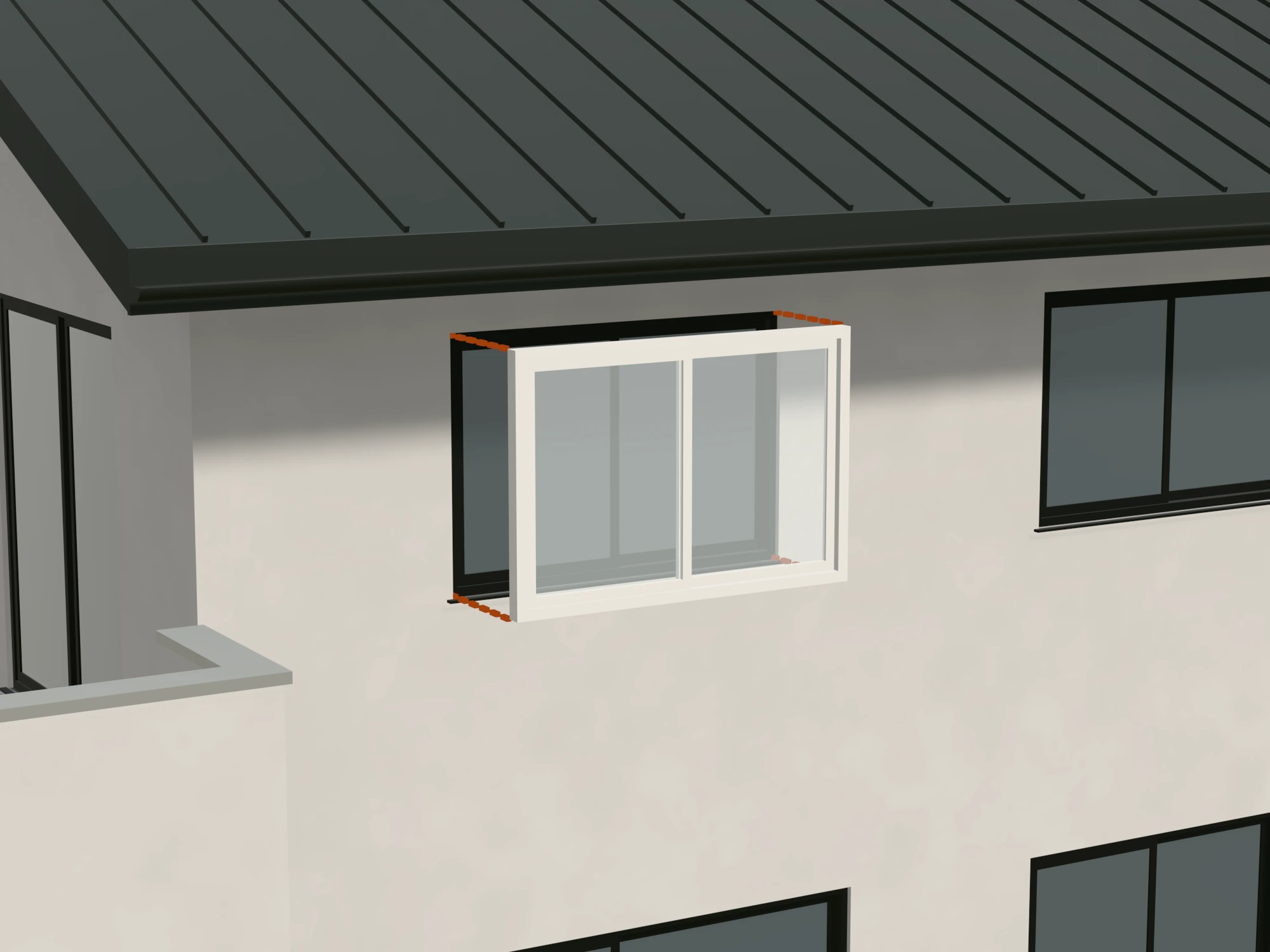 住宅模型の2階の窓。白い枠の内窓を手前に引き出して示している。